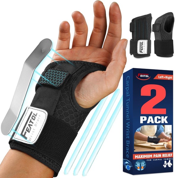 FEATOL 2 Pack Carpal Tunnel Wrist Brace For Work With Wrist Splint, Adjustable Wrist Guard Daytime Support For Women Men, Pain Relief For Pregnancy, Typing, Arthritis, Tendonitis, Right Hand Left Hand, Small/Medium