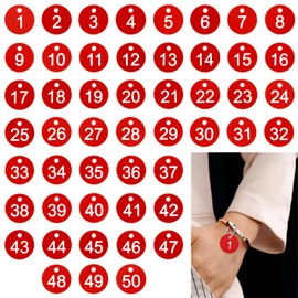 Jeffdad Plastic ID Number Tags, 1-50 Number Colourful Identification Tag, Numbered Tags Round Hole Hang Tags, Number Tags Keychain Number Label Round Key Ring (Red)
