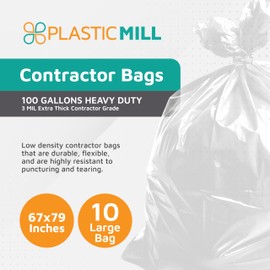 PlasticMill Contractor Bags Heavy Duty - Commercial, Industrial Garbage Bags - Clear Construction Trash Bags - Outdoor, Garden Trash Bags, 100-Gallon, 3 Mil, 67"x79" (10-Count)