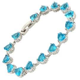 RIZILIA HEARTS Tennis Bracelet & Heart Cut CZ [Simulated Aquamarine] in White Gold Plated, 7"