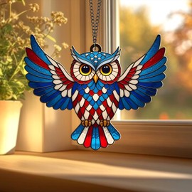 Patriotic Owl Christmas Ornament – Acrylic Hanging Decoration – Stained Glass Style Bird Tree Decor for 4th of July or Holiday – American Flag Colors Eagle Owl Gift for USA Lovers (Sun-28)