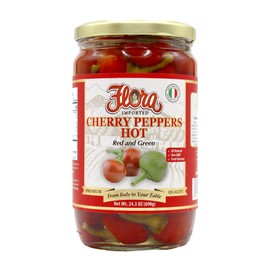 Flora Foods Hot Red & Green Cherry Peppers - 24.3 Oz Jar - Imported from Italy
