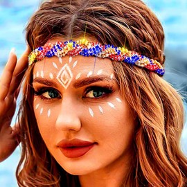 Fstrend Elastic Rhinestone headbands Sparkly Colors Crystal Braid Headpiece for Women (Blue-Red-Gold)