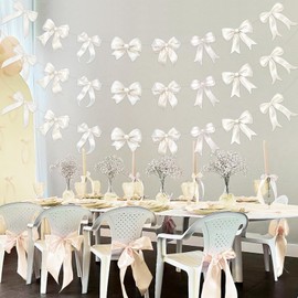 Fangleland 3Pcs White Bow Knot Banner Garland Decoration, Coquette Bow Themed Birthday Baby Bridal Shower Bachelorette Wedding Party Decor Supplies