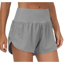 The GYM People - Pantalones cortos de entrenamiento deportivos de cintura alta para mujer, de secado rápido, con forro de malla, bolsillos con cierre, Lavanda gris, Large