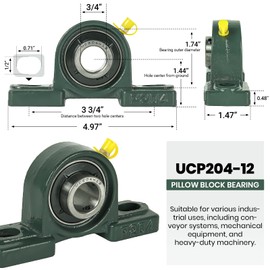 AR-PRO 2-Pack UCP204-12 Mounted Pillow Block Ball Bearing - Bearing Steel Bearings 3/4" Bore with Solid Cast Iron Base - Self Alignment