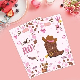 50PCS My First Rodeo Party Favor Bags for Girls, Pink Cowgirl 1st Birthday Plastic Gift Candy Treat Goodie Bags with Handles for 1st Rodeo Birthday Western Theme Party Decorations Supplies