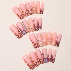 MISUD Press on Nails Long Square Fake Nails Glossy Glue on Nails Fall Brown Acrylic Nails Squoval Artificial Nails Rhinestone Stick on False Nails with French Tip Design 24 pcs