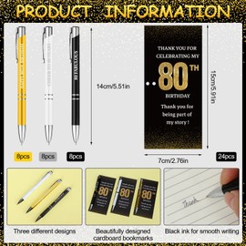 Shknldzsm 24 Set 80th Birthday Party Favors Pens with Thank You Cards