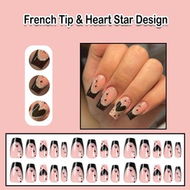 ANDGING French Tip Press on Nails Black Coffin Short Medium Fake Nails with Heart Star Design Acrylic Gel Glue on Nails for Wedding Manicure False Nails for Women Stick on Nails with Glue DK637K8