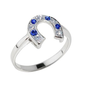 Fine 925 Sterling Silver Blue and White CZ Lucky Horseshoe Ring (Size 5)