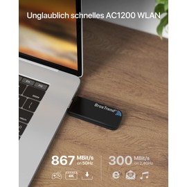 BrosTrend 1200 Mbit/s USB WLAN Stick, WiFi Adapter für PC Desktop Laptop mit Windows 11/10/8.1/8/7, DualBand 5GHz 867Mbit/s + 2,4GHz 300Mbit/s, WLAN Empfänger für PC, WLAN Adapter USB 3.0 WLAN Dongle