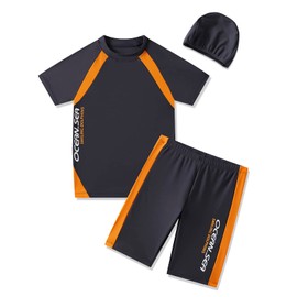 BASADINA Boys Swimsuits Short Sleeves 2 Piece Sunscreen Swimming Costume Boys Swimwear 4-14 Years Grey