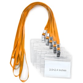 Lanyards with id Holder Name Badges 50 Pcs Waterproof Plastic Horizontal Name Tag Badge Id Card and 50 Pcs Lanyard (Orange)