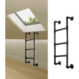 3-Rung Bunk Bed Ladder, 3.3x1.5FT Wall Mount Basement Window Well Egress, Black Wrought Iron Industrial Pipe Step Loads 330lbs, Indoor Outdoor Metal for Attic Loft Dorm RV Deck
