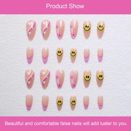 24 PCS Press on Nails Smiley Fake Nails Love Fake Nails Ripple Fake Nails Medium Fake Nails Gifts for Women and Girls (No.99)