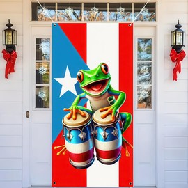 BlissYard Puerto Rico Flags Frog Door Cover Banner 71x35 Inch Puerto Rican Flag Door Cover Backdrop Porch Front Door Cover Background for Outdoor Decor Supplies Home Party Holiday and Celebrations