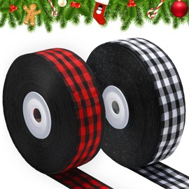 Boao 2 Rolls Christmas Buffalo Plaid Ribbon Christmas Wrapping Ribbon Wired Edge Burlap Check Gingham Wreath Tree Decor(Red Black and White Black, 1 Inch Wide, 60 Yard)