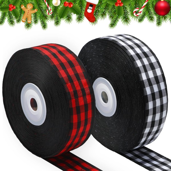 Boao 2 Rolls Christmas Buffalo Plaid Ribbon Christmas Wrapping Ribbon