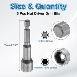 sourcing map 5pcs Hex Nut Driver Drill Bit 10mm Metric 6-Point Socket 1/4" Hex Shank Magnetic Setter CR-V Steel Bolt Sockets for Power Drills Impact Drivers, 2.56" (65mm) Long