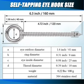 OHIYO - Ganchos de ojo resistentes de 6.3 pulgadas M10 con ojales autorroscantes, capacidad de carga de tornillo de 800 libras, ganchos de ojo resistentes para soporte de hamaca, silla oscilante,