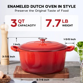 Onader 3QT Dutch Oven Pot with Lid Enameled Cast Iron Small Dutch Oven for Bread Sourdough Baking Heavy Duty - Red