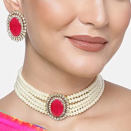Touchstone Indian Bollywood Princess Diana Fine Studded Diamond Look White Rhinestone Pearls Designer Jewelry Choker Necklace In Gold Tone For Women.
