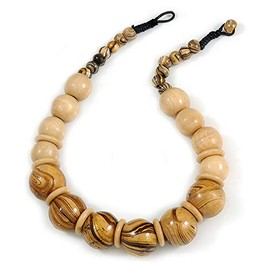 Avalaya Chunky Style Colour Fusion Wood Bead Necklace in Golden/Black/Natural - 48cm L