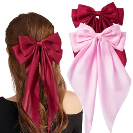 Hair Bows for Women Oversized Bow Hair Clips with Long Tail Large Silky Satin Hair Bowknot Vintage Hair Accessories for Women (Pink and Red)