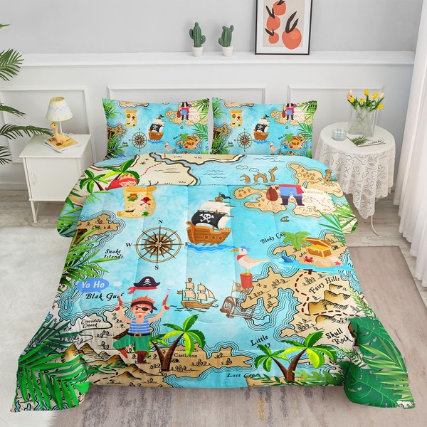 Smell Sunshine Kids Comforter Set Pirate Ship Printed Pattern Bedding