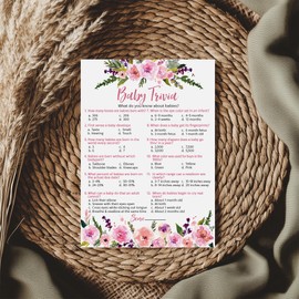 Inscape Creations Girl Baby Shower Games — Baby Trivia Game — 25 Guests, Fun Facts Pink Floral Flowers, Garden Boho Chic Gender Reveal Party Couple Shower ActivityG140-TRV-1