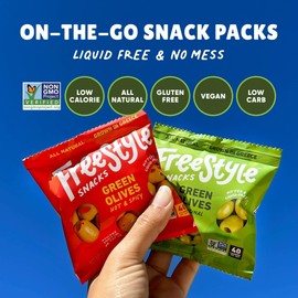 Freestyle Snacks Olive Snack Packs - Single Serve - Fresh Pitted Green Olives, Jumbo-Sized, Grown in Greece, All Natural, Non-GMO, Paleo, Sugar-Free, Keto, Salty Snack - Variety, 1.1oz (6 Pack)