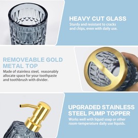 Blue Bathroom Accessories Set - 5PCS Clear Glass Bathroom Accessory Set (Toothbrush Holders, Soap Dispenser, Soap Dish, Tumbler, Cotton Swab Jar), Countertop Vanity Organizer Modern Decor Vintage Gift