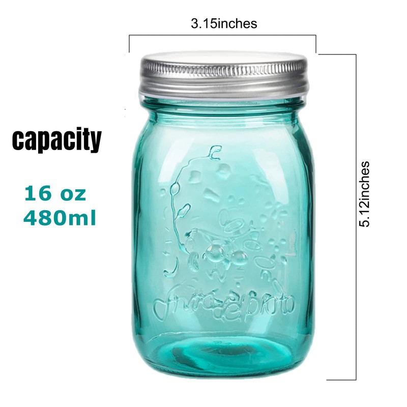 16 oz Teal Mason Jars with Lids，Regular Mouth Canning Jar,