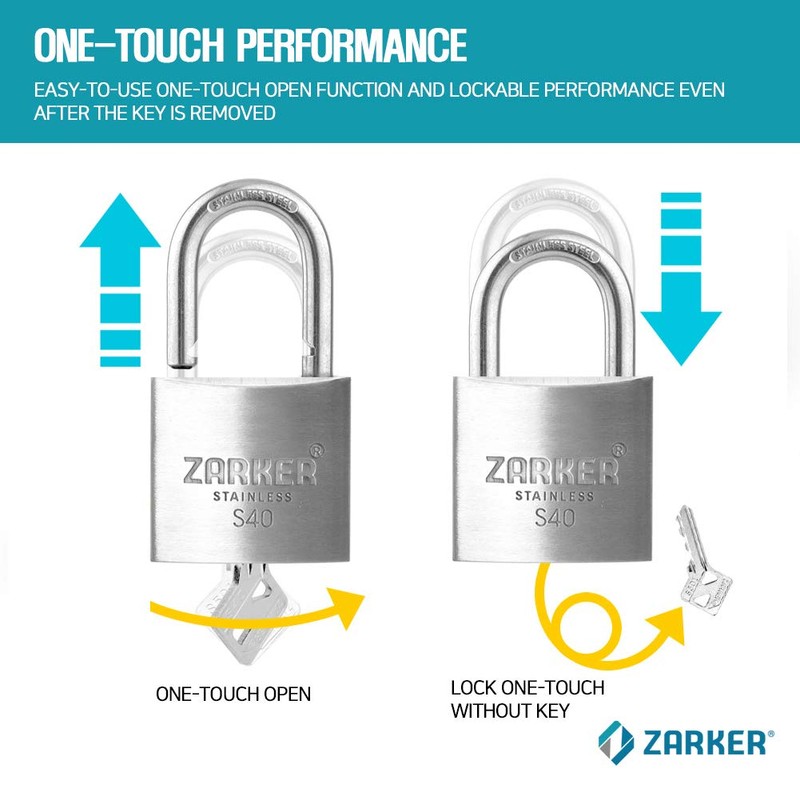 Zarker keyed Padlock, Heavy Duty Stainless Steel Lock, Waterproof and