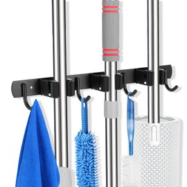 voze 3 Racks and 4 Hooks Mop and Broom Holder Wall Mount, Self Adhesive Heavy Duty Broom Organizer Storage Tool Racks for Kitchen Garden Laundry Garage