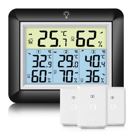 Urageuxy Wireless Indoor Outdoor Thermometer & Humidity Monitor with 3 Sensors - Digital Hygrometer, 100M Range, Backlight, Max/Min Records, Comfort Indicator (Black)