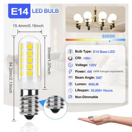Chinnor E14 led Light Bulb e14 European Screw Base LED Light Bulbs 40 Watt Incandescent Bulb Equivalent,4W T3/T4 European Base Replacement Omni-Directional,Daylight White 6000k(5-Pack)