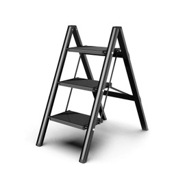 3 Steps Stool Ladder, Black Aluminum Lightweight Folding Step Shelf with Anti-Slip and Wide Pedal for Home and Kitchen Use, Space Saving