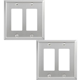 OKAWYC Double Decorator Light Switch Cover Aria Metal Wall Plate, 2-Pack Brushed Nickel 2 Gang Double Rocker, for Receptacle Dimmer Switch GFCI Outlet, Switch Cover Decorative Wallplate, Durable