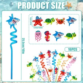 16 cannucce per bambini, motivo animali marini, in plastica, colorate, per latte, succhi, cocktail, decorazioni per feste di compleanno per bambini, animali marini