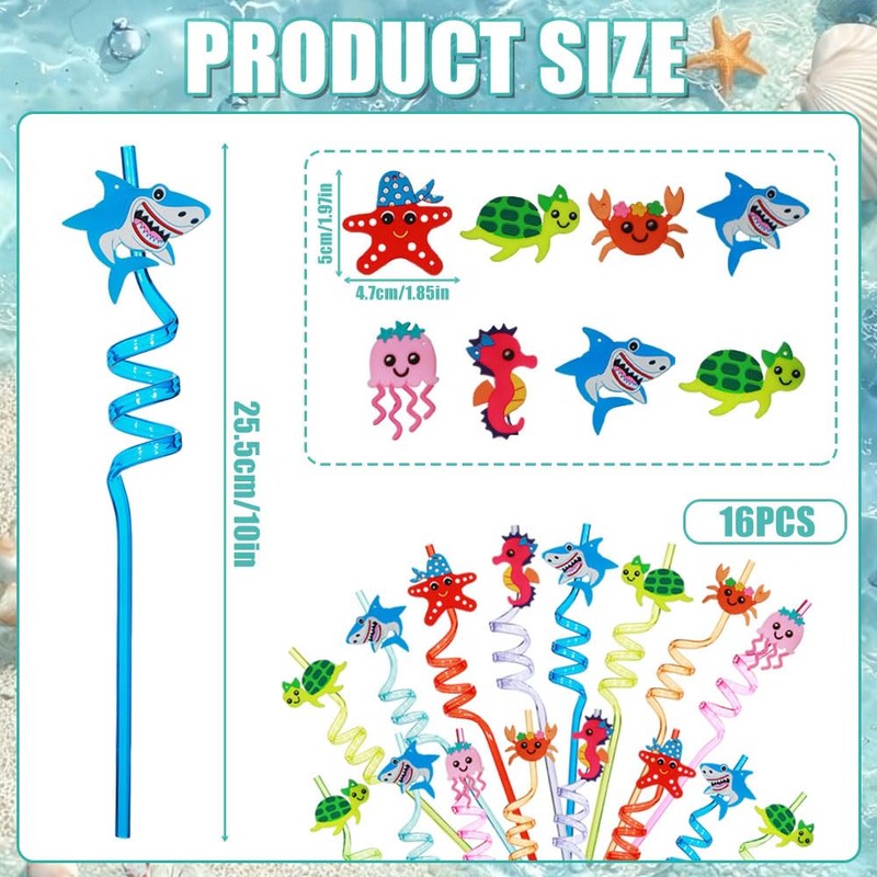 16 cannucce per bambini, motivo animali marini, in plastica, colorate,