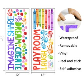 Mfault Playroom Wall Decals Stickers, Crayon Handprint Polka Dots Inspirational Quote Nursery Decorations Daycare Art, Laugh Imagine Share Dream Create Toddler Kids Room Bedroom School Classroom Decor