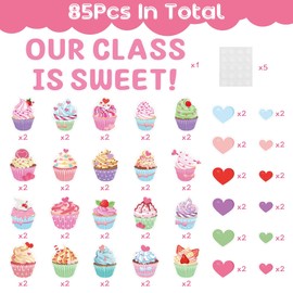 AsodSway Valentine's Day Cupcake Bulletin Board Cutouts Classroom Decoration 85Pcs Our Class is Sweet Valentines Colorful Paper Cupcakes Hearts Cut Outs Birthday Bulletin Board Wall Blackboard Decor