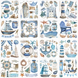 Dispowreath 16 Sheets Nautical Ocean Summer Rub on Transfers for Crafts 6x6 Inch Sea Animal Rub on Transfers Stickers Furniture Stickers Decals for Home Paper Wood DIY Craft Office
