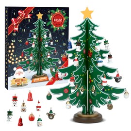 LIHAO Advent Calendar 2024 24 Days Christmas Countdown Calendar Wooden Tree with Miniature Ornaments Tabletop DIY Mini Tree for Christmas Desk Decoration or Gift