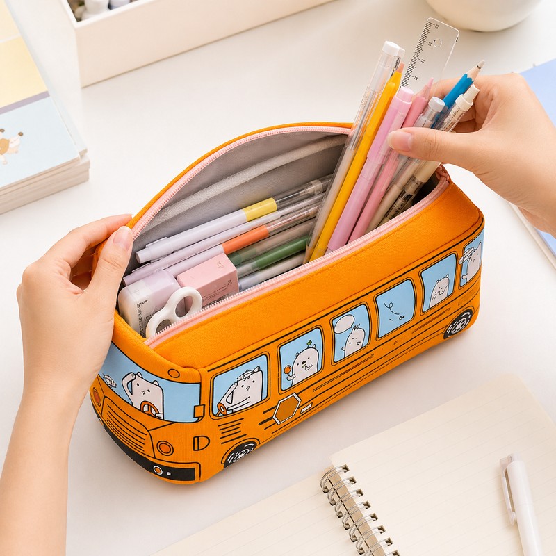 School Bus Pencil Case for Students – Large Capacity Cartoon