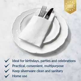 PAW - Linen Feel Napkins with Built-in Flatware Pocket, Airlaid Paper Pre-Folded Napkins for Silverware, Wedding Party, Dinner, Birthday, Gatherings, White, 50 Count