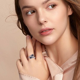 CUPENDA Moonstone Ring for Women Sterling Silver Rainbow Adjustable Band Open Rings Victorian Jewelry Gifts for Girls (Blue Sandstone)