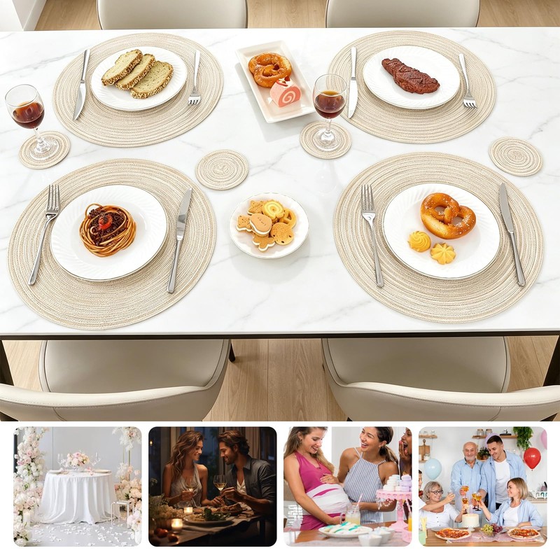 Aiyraa 6-Piece Round Table Placemats & Coaster Set Beige, Cotton